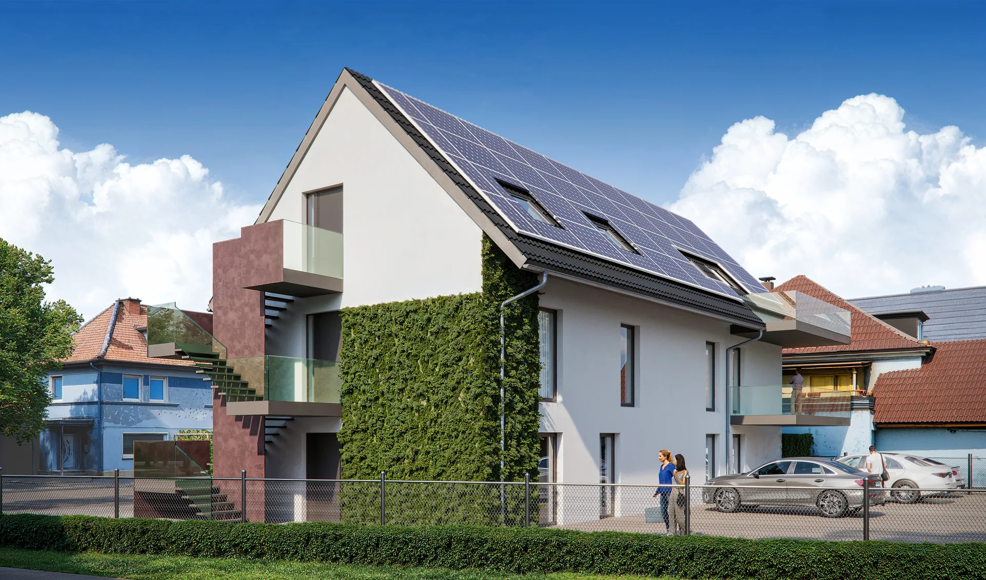 Ensemble H2a/H2b — Seitenansicht mit Photovoltaik